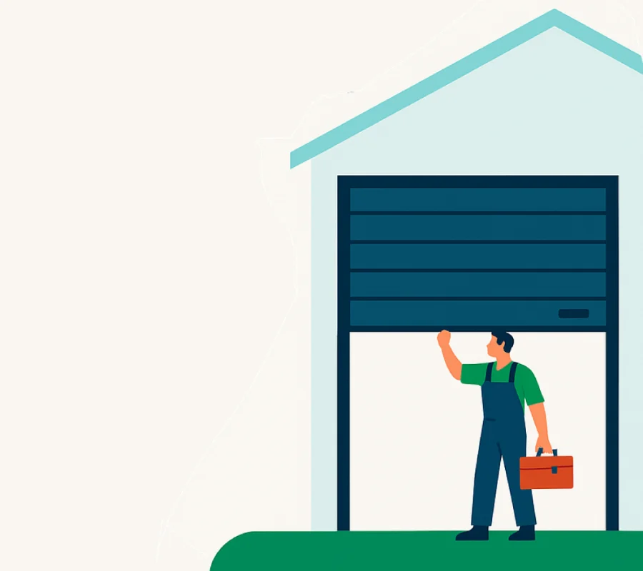 Garage door technician with toolbox standing under an open door